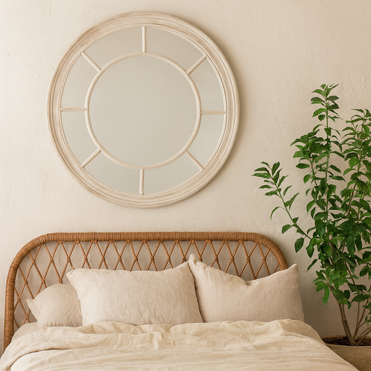 White Washed Round Window Pane Wall Mirror
