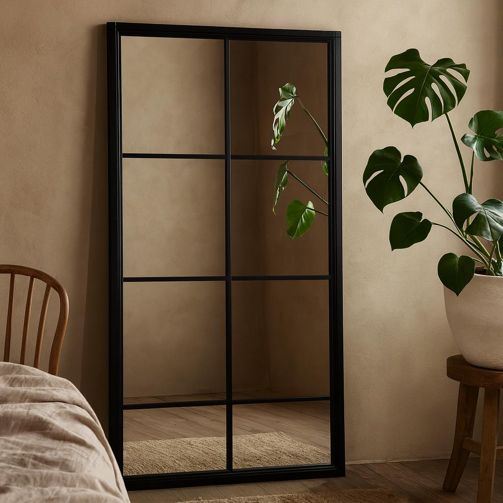 Leaning Rustic Window Pane Wall Mirror with Black Wood Frame