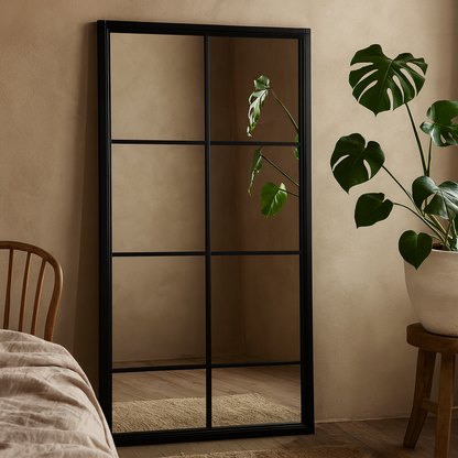 Leaning Rustic Window Pane Wall Mirror with Black Wood Frame