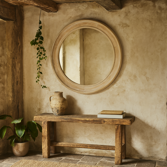 Round Natural Washed Wood Wall Mirror