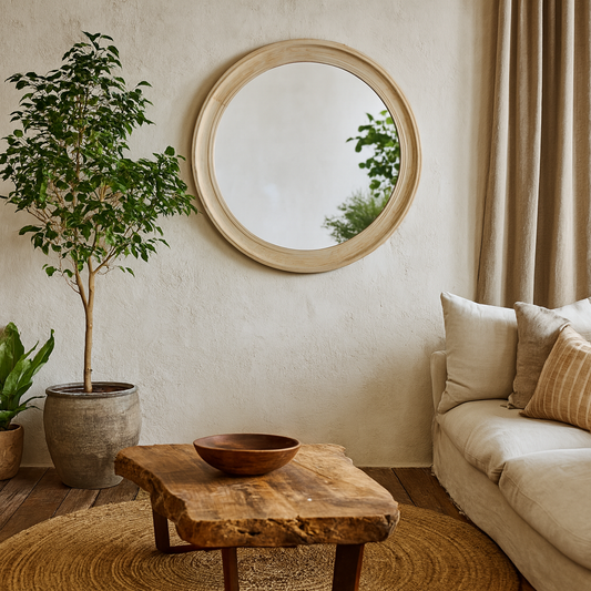 Large Round Natural Washed Wood Wall Mirror