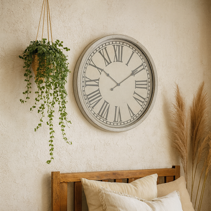 Vintage Whitewashed Wall Clock with Roman Numerals