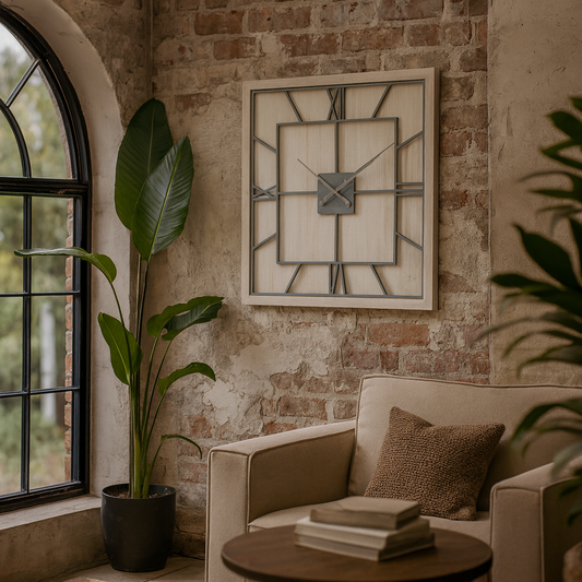 Large White Washed Square Rustic Grey Skeleton Wall Clock