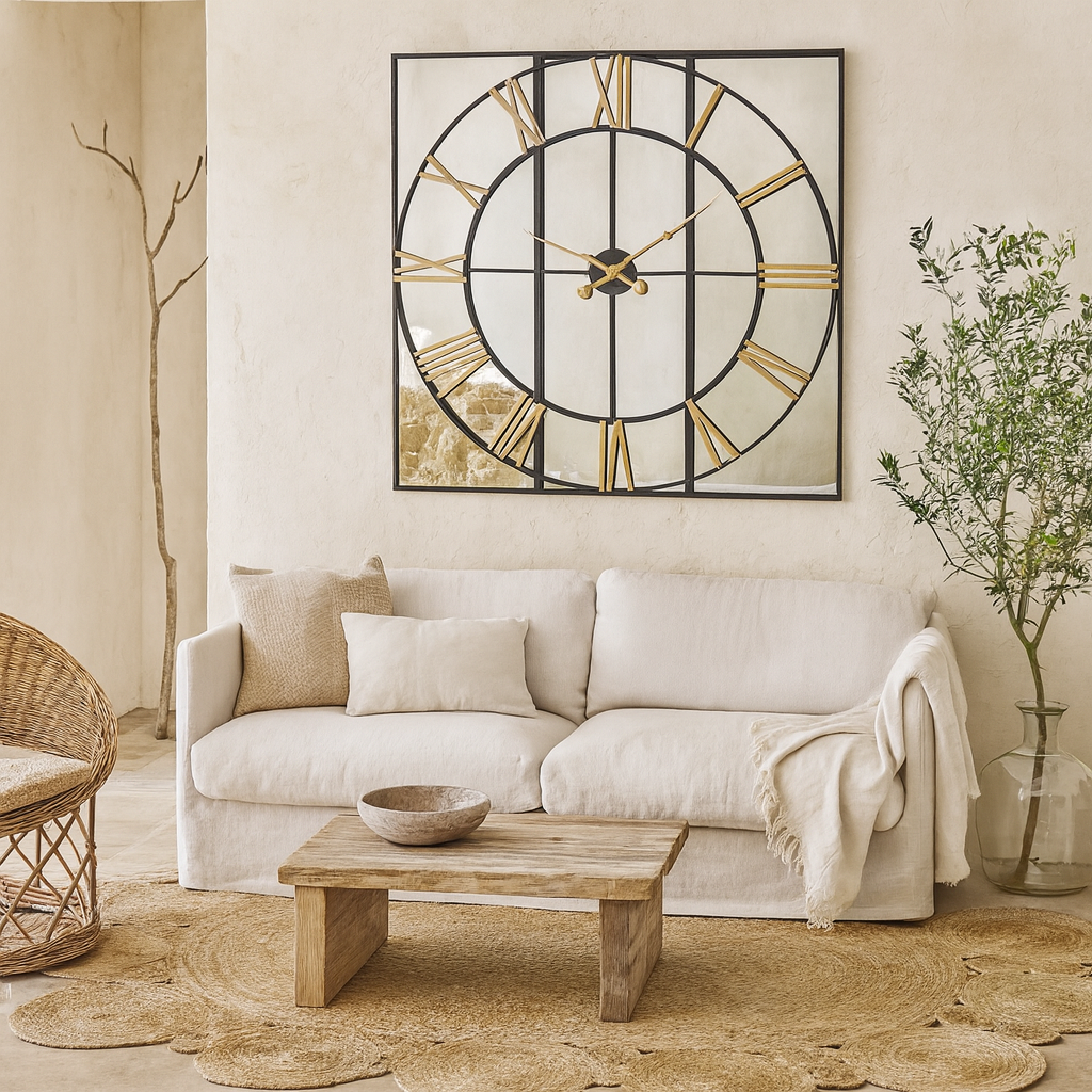 Square Industrial Mirror Clock with Roman Numerals