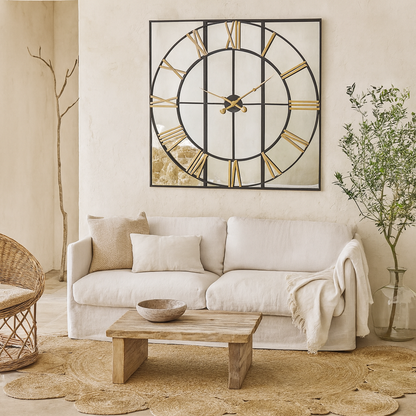 Square Industrial Mirror Clock with Roman Numerals