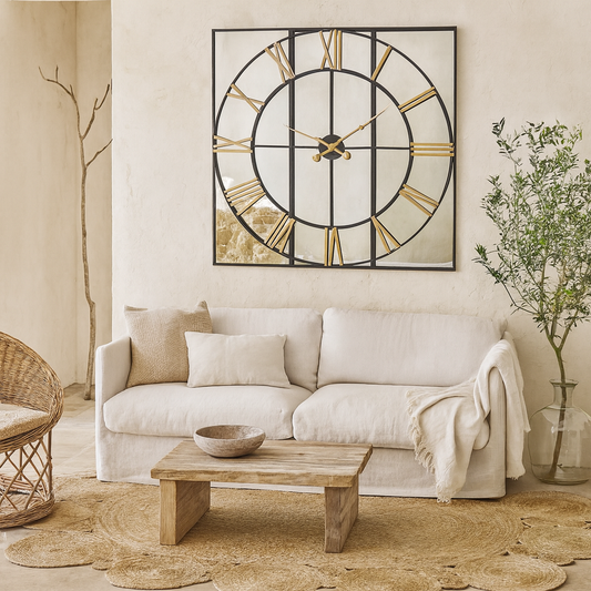 Square Industrial Mirror Clock with Roman Numerals