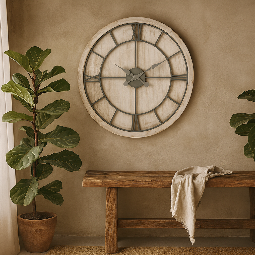 Large White Washed Round Rustic Grey Skeleton Wall Clock