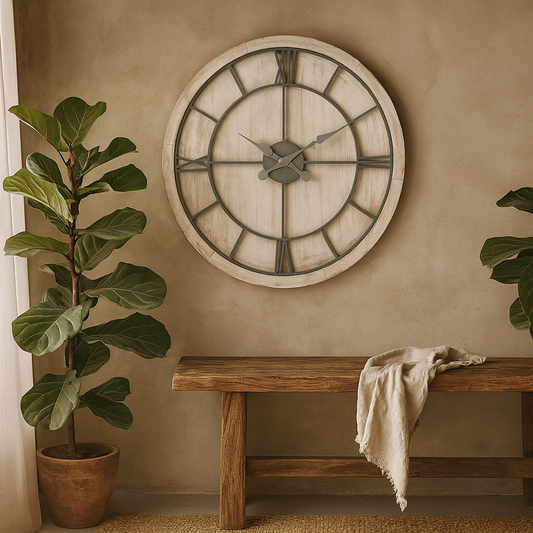 Large White Washed Round Rustic Grey Skeleton Wall Clock