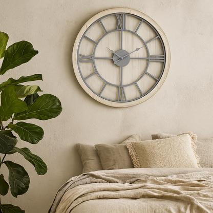 White Washed Round Rustic Grey Skeleton Wall Clock