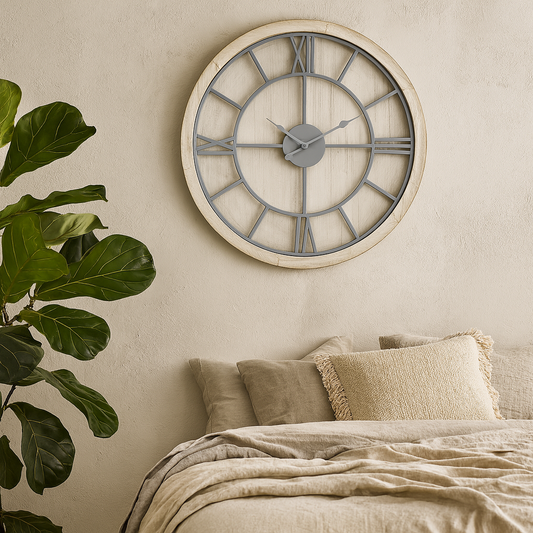 White Washed Round Rustic Grey Skeleton Wall Clock