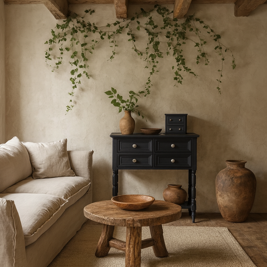 San Antonio Vintage Black Wooden 4 Drawer Side Table Bottom Shelf