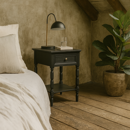 San Antonio Vintage Black Wooden Bedside Table with Drawer and Shelf