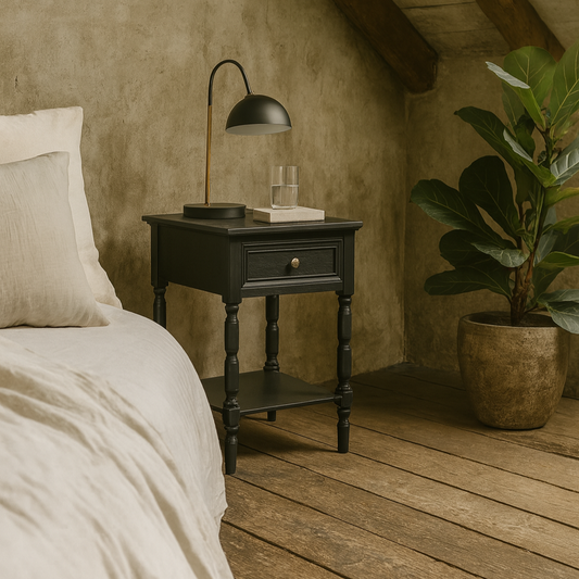 San Antonio Vintage Black Wooden Bedside Table with Drawer and Shelf