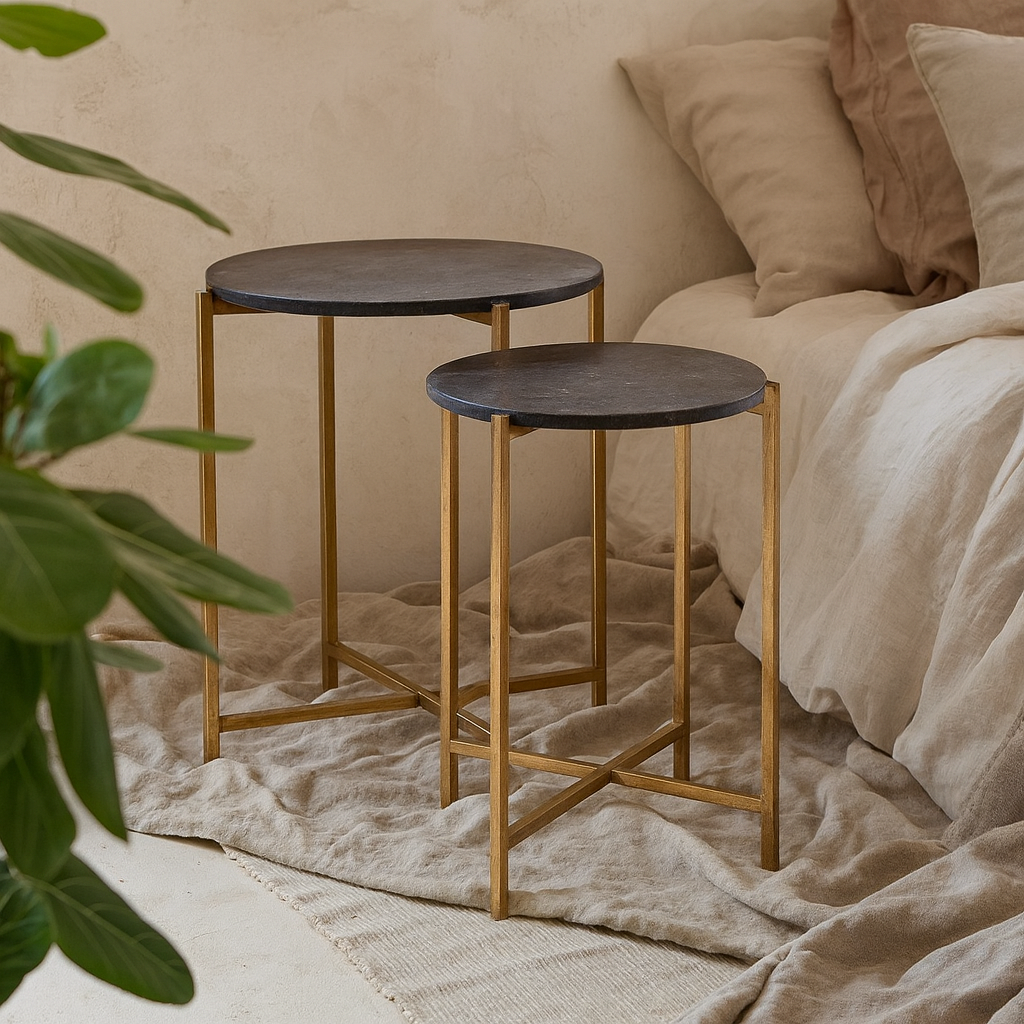 Seattle Set Of 2 Gold And Black Marble Nesting Side Tables