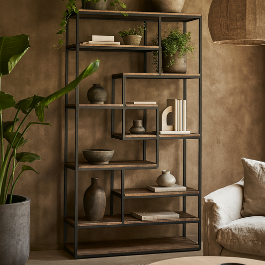 Multi Shelf Industrial Wood and Black Metal Multi Tier Shelving Unit