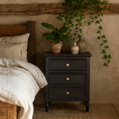 San Antonio Vintage Black Wooden 3 Drawer Bedside Table