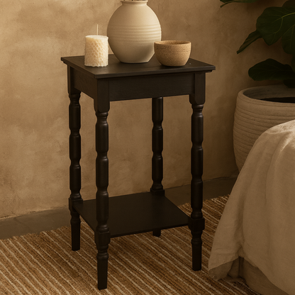 San Antonio Vintage Black Wooden Side Table Bottom Shelf