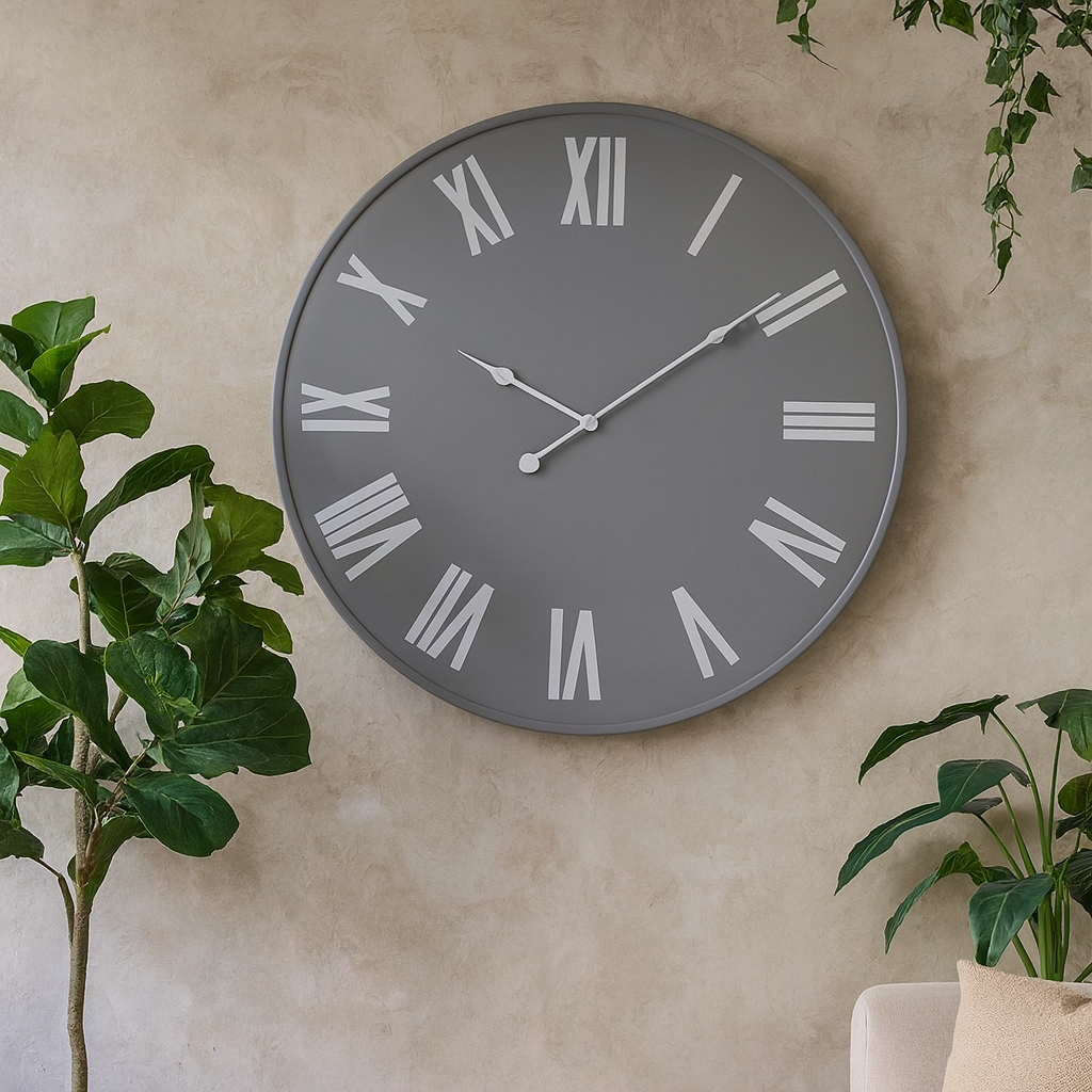 50cm Grey Wall Clock with White Roman Numerals and Minimal Frame