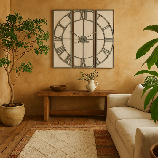 Oversized 3 Panel Roman Numeral Open Frame Wall Clock