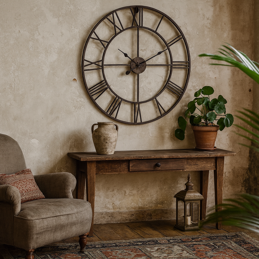 Large Industrial Wall Clock Black Metal Open Frame Roman Numerals