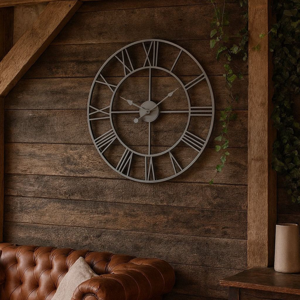 Minimalist Grey Metal Open Frame Wall Clock with Roman Numerals