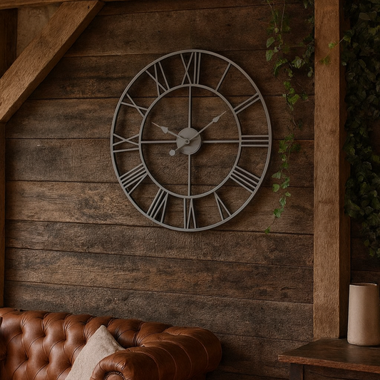 Minimalist Grey Metal Open Frame Wall Clock with Roman Numerals