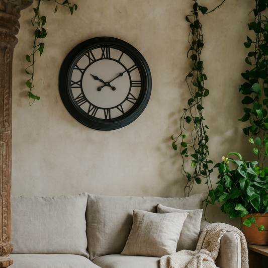 Black Metal Frame Roman Numeral Wall Clock with Glass Cover
