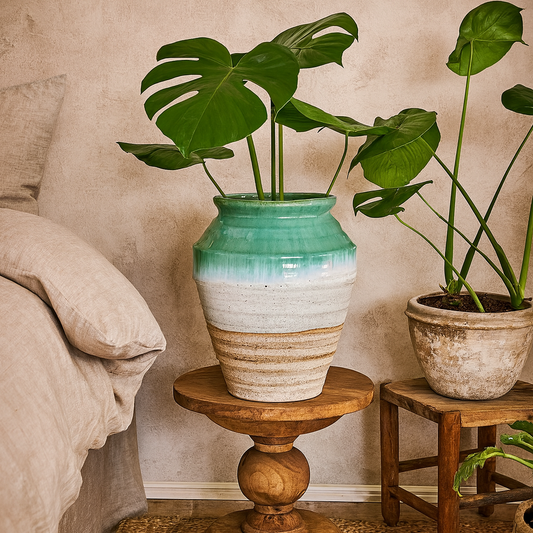 Rustic Ombre Turquoise Blue and Sand Glazed Ceramic Vase