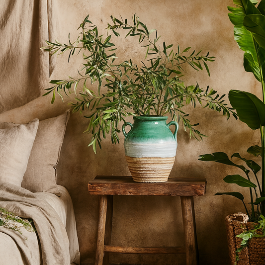 Rustic Ombre Turquoise Blue and Sand Glazed Ceramic Vase with Handles