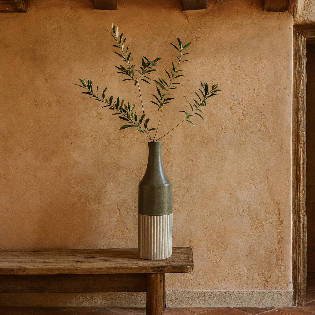 Driftfern Scandi Grey Ceramic Convex Bottle Vase Line Pattern