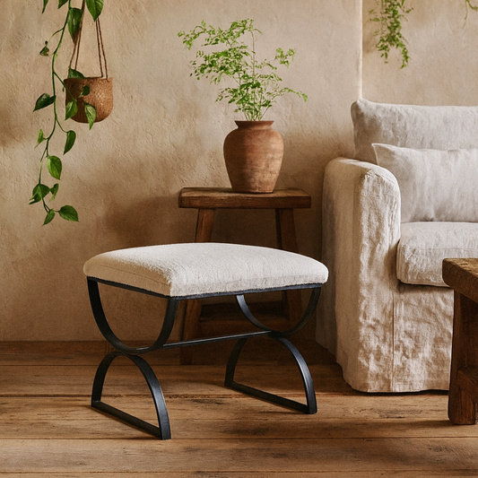 Sri Off White Boucle Ribbed Foot Stool Black Metal Frame