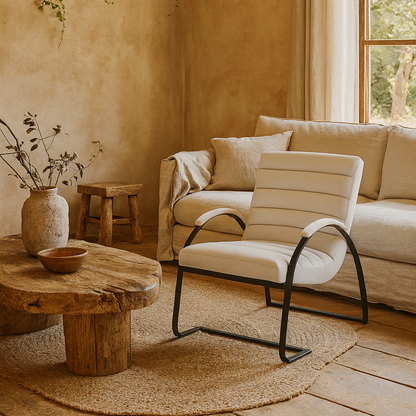 Soft Cream Ribbed Boucle and Black Metal Accent Chair