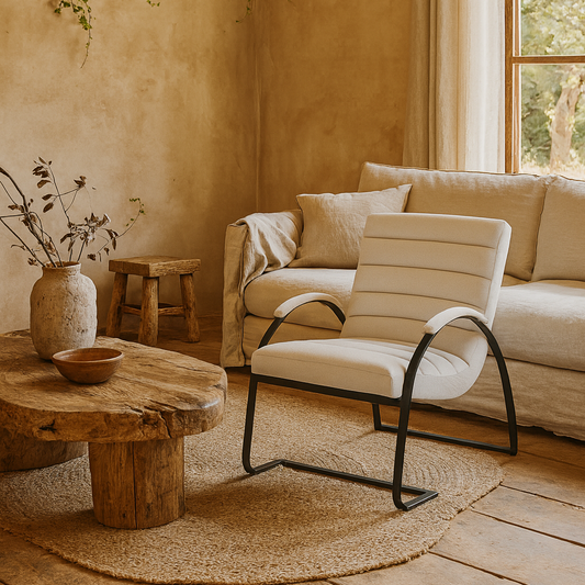 Soft Cream Ribbed Boucle and Black Metal Accent Chair