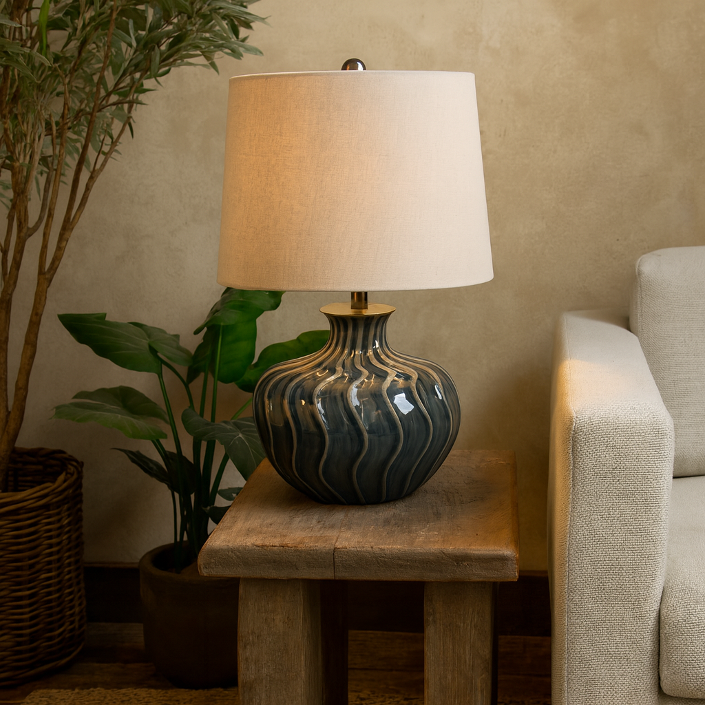 Conques Ribbed Ceramic Table Lamp With Cream Linen Shade