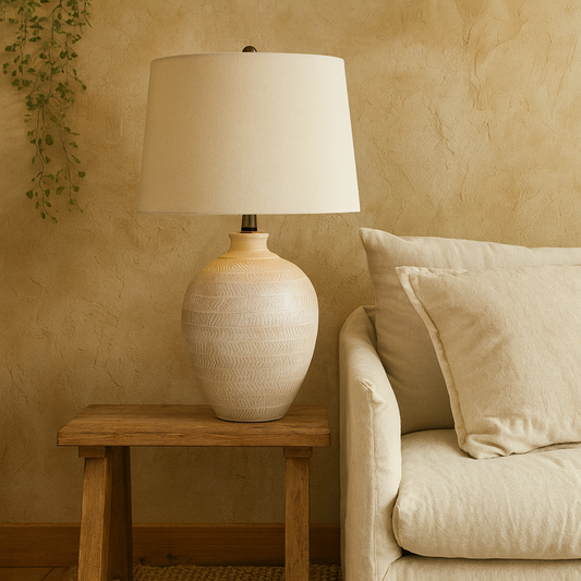 Provence Cream Chevron Ceramic Table Lamp With Linen Shade