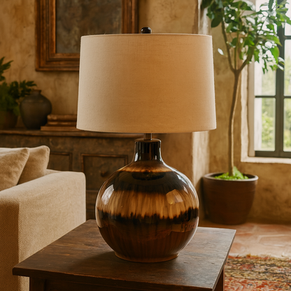 Honfleur Sepia Shadows Table Lamp With Cream Linen Shade