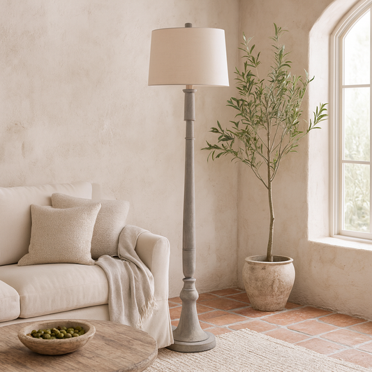 Piana Slim Natural Wooden Floor Lamp With Linen Shade