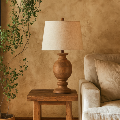 Eguisheim Round Wooden Pillar Table Lamp With Cream Linen Shade