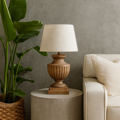 Castelnau Flute Pedestal Wooden Table Lamp With Cream Linen Shade