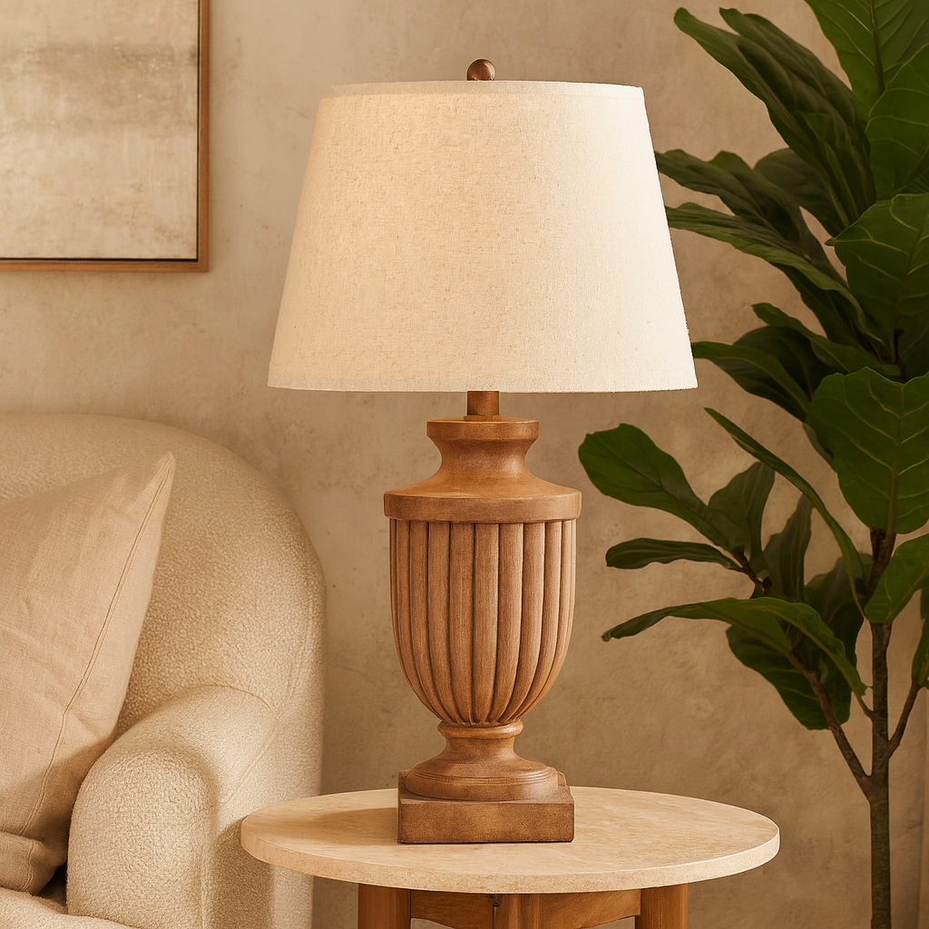 Auberville Flute Wooden Table Lamp With Tapered Cream Linen Shade