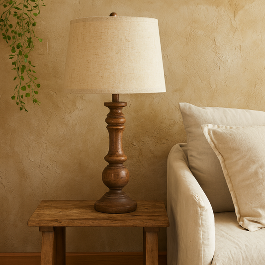 Perouges Slim Wooden Pillar Table Lamp With Cream Linen Shade