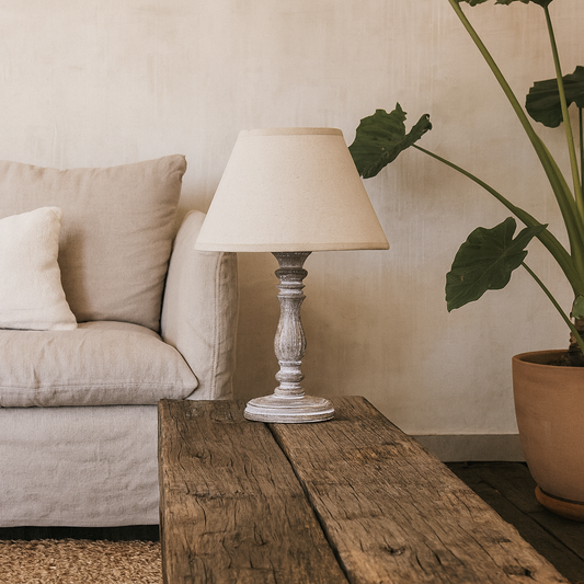 Bastide White Washed Turned Column Table Tamp With Cream Linen Shade