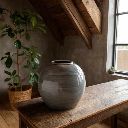 Bloomwood Grey Glazed Round Ceramic Vase Crackle Effect