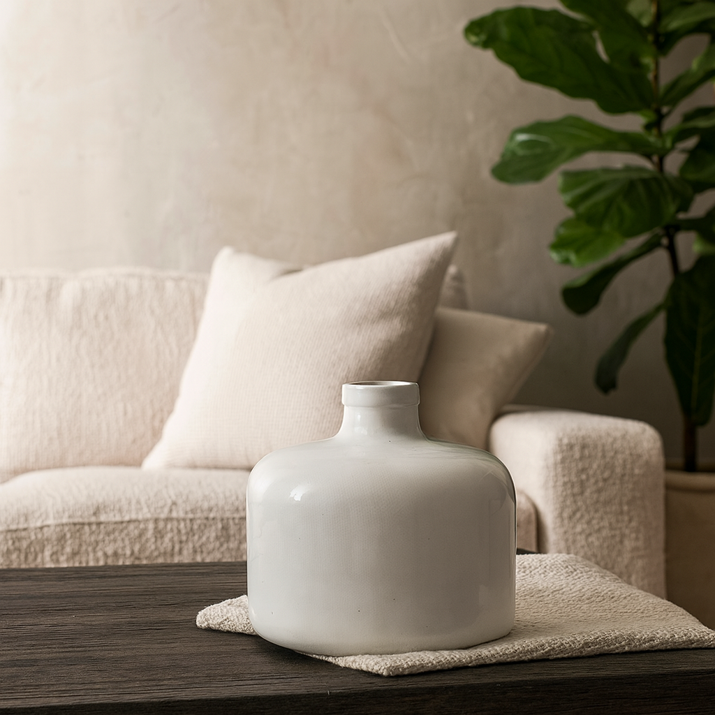 Sagebloom Large White Glazed Ceramic Short Bottle Vase Crackle Effect