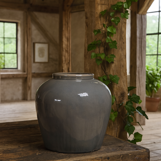 Bloomwood Grey Glazed Round Juniper Ceramic Vase Crackle Effect