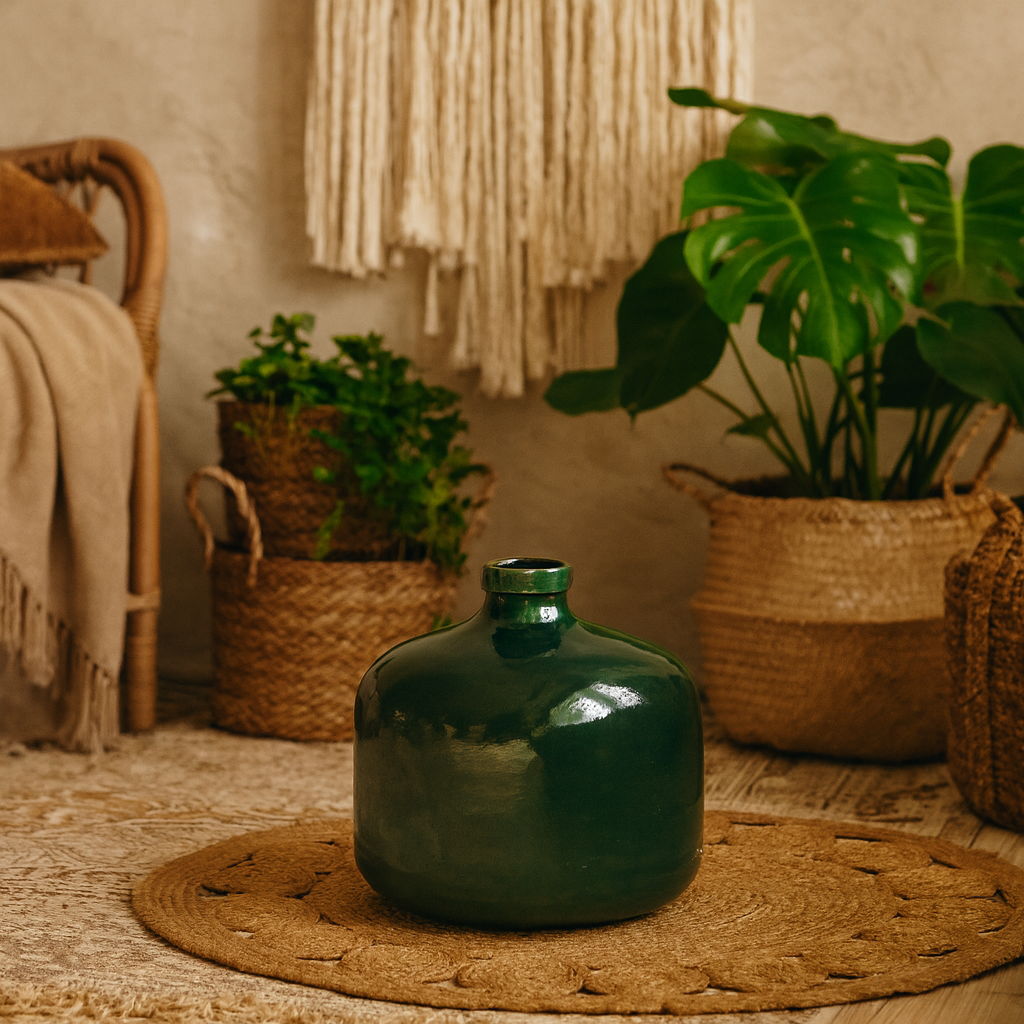 Bloomwood Emerald Green Glazed Round Juniper Ceramic Vase Crackle Effect