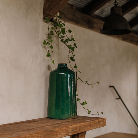 Bloomwood Emerald Green Glazed Round Bottle Ceramic Vase Crackle Effect