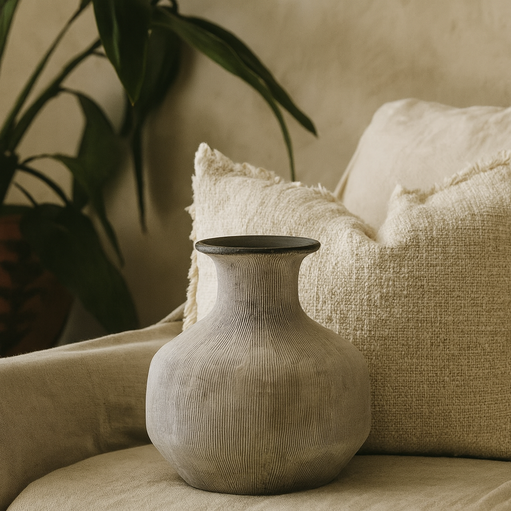 Rosevale Textured Lines Soft Grey and White Squat Stoneware Vase