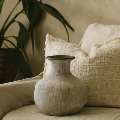 Rosevale Textured Lines Soft Grey and White Squat Stoneware Vase