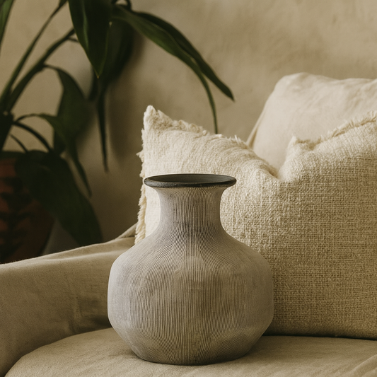 Rosevale Textured Lines Soft Grey and White Squat Stoneware Vase